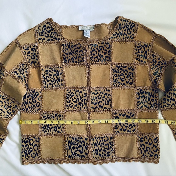 Vtg Boho Leather Shacket Jacket Crochet Patchwork Scalloped Hem Tan Leopard Sz M - Picture 8 of 13
